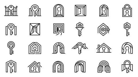 House key and doorway security icons set for home real estate. Illustrazione stock