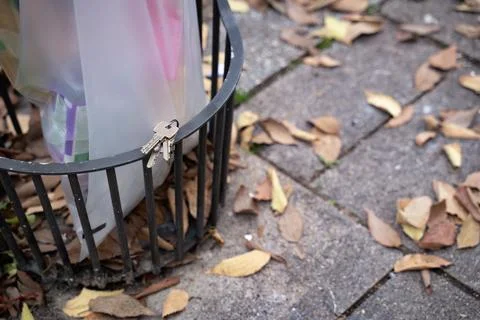 House keys lying on trash bin lower lip with autumn leaves around 写真素材