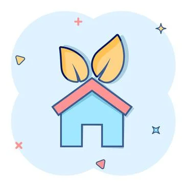 House with leaf icon in comic style. Flower garden cartoon vector illustratio Ilustración de archivo