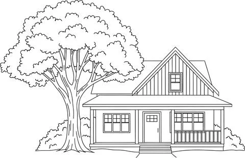 House line drawing features a two-story dwelling with a porch and large tree, Stock Illustration