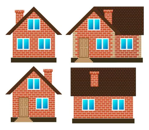 House made of red bricks on different sides, set vector isolated Stock Illustration