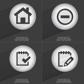 House, Minus, Task completed, Notebook icon sign. Set of buttons with a flat des Stock Illustration