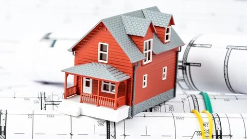 House model on construction drawings Stock-Fotos