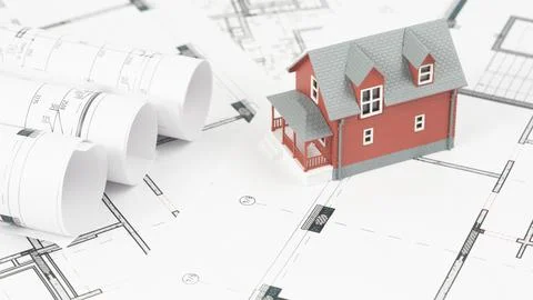 House model on construction drawings Stock Photos