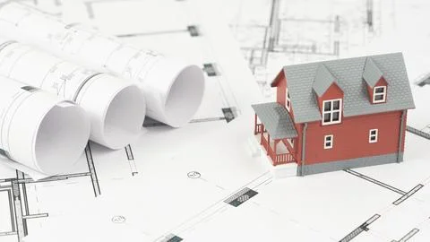 House model on construction drawings Fotos de archivo