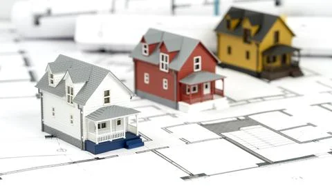 House model on construction drawings 스톡 사진