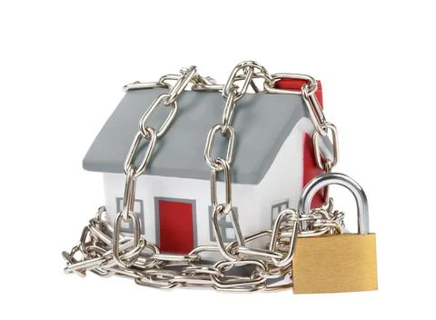 House model plastic with chain and padlock Stock Photos