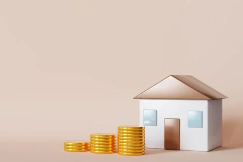 A house model stands next to stacks of gold coins. This setup represents fina Stock Photos