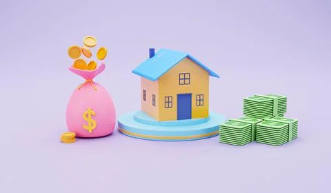 House with money bag and a stack of coins on the purple background 3d Stock Illustration
