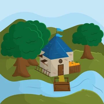 House near river with trees. Vector Ilustración de archivo