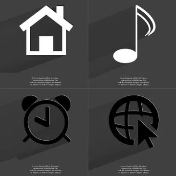 House, Note, Alarm clock, Web icon cursor. Symbols with long shadow. Flat design Illustration