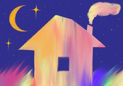 A house with one window and a chimney with smoke on the background of night Ilustración de archivo