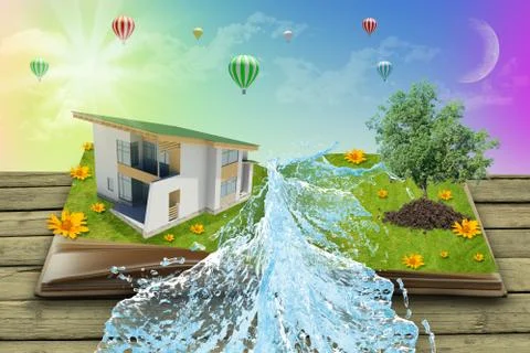 House on open book with tree Illustrazione stock