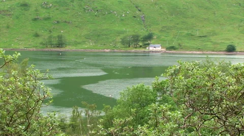 House on the other side of the loch, different water masses Stock Footage 39990209