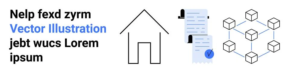 House outline, blockchain cubes, documents with checkmarks, random text. Idea Stock Illustration