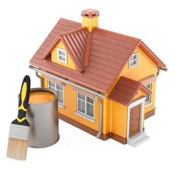 House with paint can and brush, home renovation concept. 3D rendering Ilustración de archivo