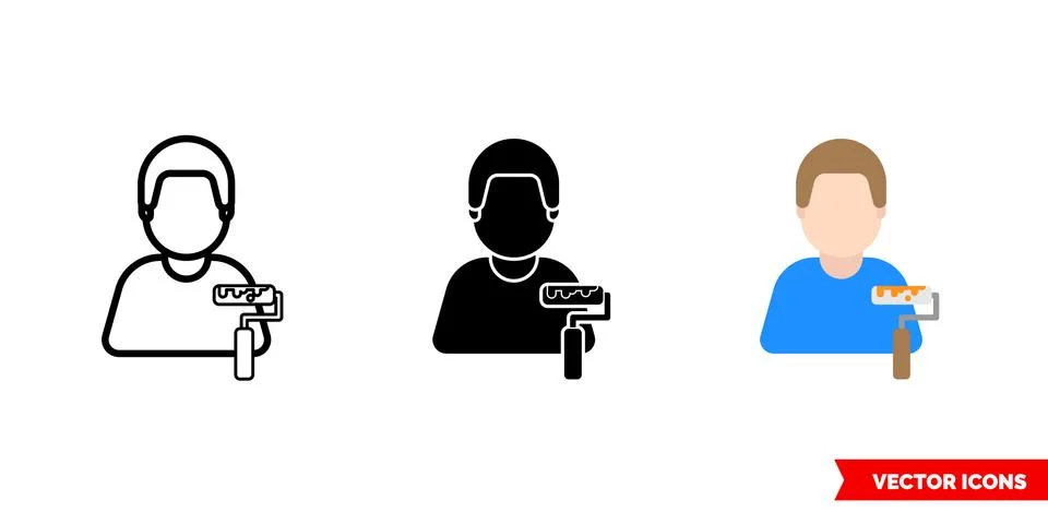 House painter icon of 3 types color, black and white, outline. Isolated vecto Stock Illustration