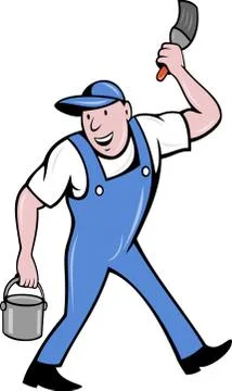 House painter with paintbrush and paint can walking Stock Illustration