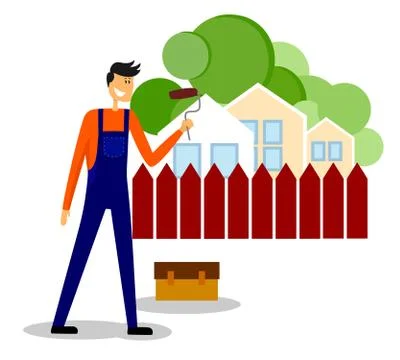 House painter standing in front Of painted fence. Cute mascot character. Workman Illustrazione stock