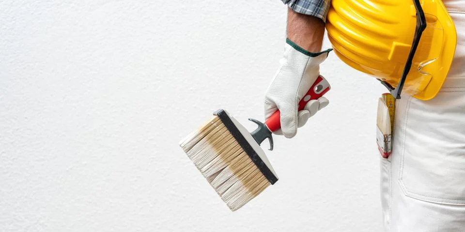 House painter worker at work in the construction site. Building. Foto stock