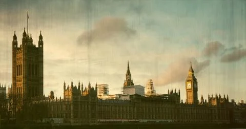 House of Parliament sunset panorama in Westminster in London - vintage postca Stock Photos