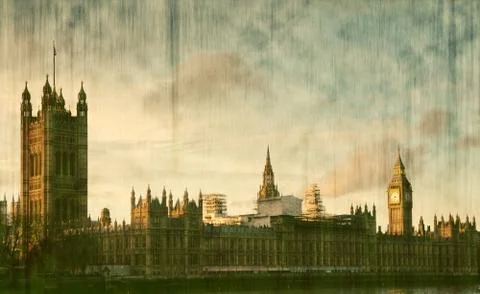 House of Parliament sunset panorama in Westminster in London - vintage postca Stock Photos
