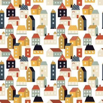 House pattern. Tiny city, cute scandinavian background with homes. Country Stock Illustration