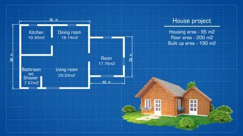 House plan with 3D rendering wooden house illustration 스톡 일러스트