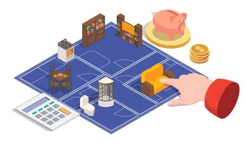 House plan and design vector concept illustration. 3d isometric home floor plan Stock Illustration