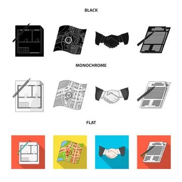 House plan, documents for signing, handshake, terrain plan. Realtor set Ilustración de archivo
