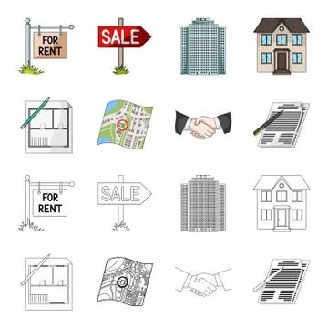 House plan, documents for signing, handshake, terrain plan. Realtor set Ilustración de archivo