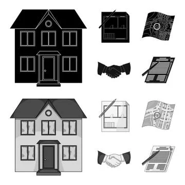 House plan, documents for signing, handshake, terrain plan. Realtor set Ilustración de archivo