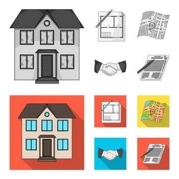 House plan, documents for signing, handshake, terrain plan. Realtor set Ilustración de archivo
