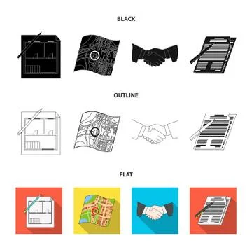 House plan, documents for signing, handshake, terrain plan. Realtor set Ilustración de archivo