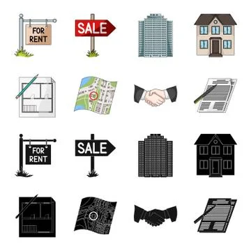 House plan, documents for signing, handshake, terrain plan. Realtor set Ilustración de archivo