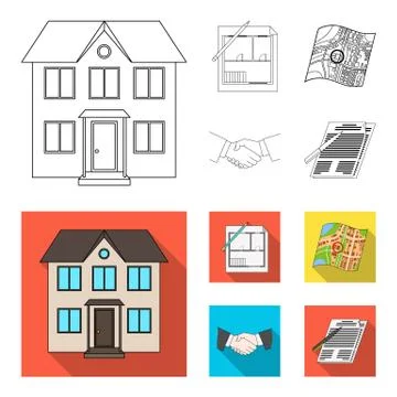 House plan, documents for signing, handshake, terrain plan. Realtor set Ilustración de archivo