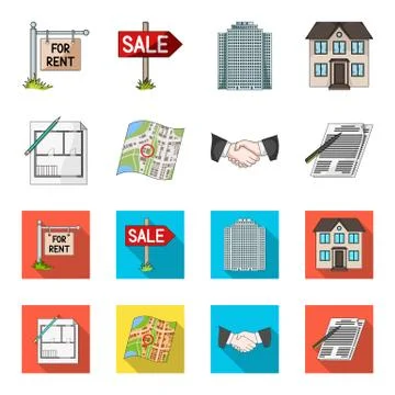 House plan, documents for signing, handshake, terrain plan. Realtor set Ilustración de archivo