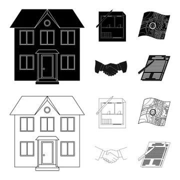 House plan, documents for signing, handshake, terrain plan. Realtor set Ilustración de archivo
