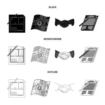 House plan, documents for signing, handshake, terrain plan. Realtor set Ilustración de archivo