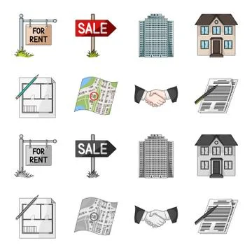 House plan, documents for signing, handshake, terrain plan. Realtor set Ilustración de archivo