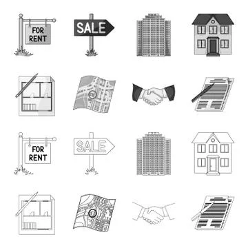 House plan, documents for signing, handshake, terrain plan. Realtor set Ilustración de archivo