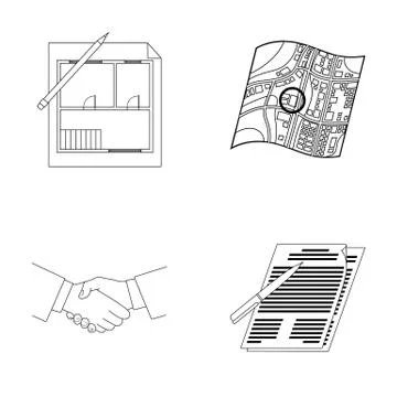 House plan, documents for signing, handshake, terrain plan. Realtor set Ilustración de archivo