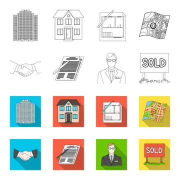 House plan, documents for signing, handshake, terrain plan. Realtor set Ilustración de archivo