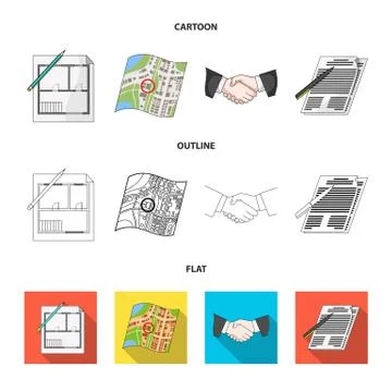 House plan, documents for signing, handshake, terrain plan. Realtor set Ilustración de archivo