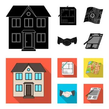 House plan, documents for signing, handshake, terrain plan. Realtor set Stock Illustration