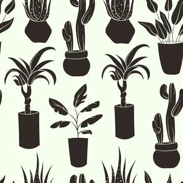 House plant flat pattern. Silhouettes seamless pattern of decor house indoor Stock Illustration