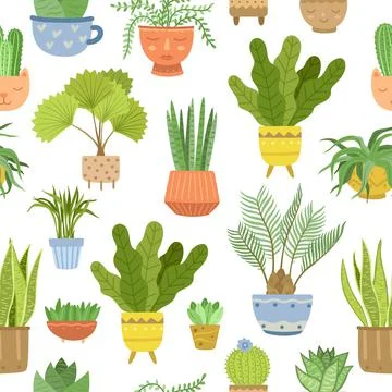 House plant pattern. Interior plants background, abstract scandinavian potted Stock Illustration