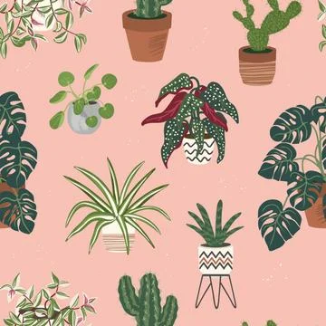 House plants seamless pattern. Trendy home decor with plants vector illustration Stock Illustration