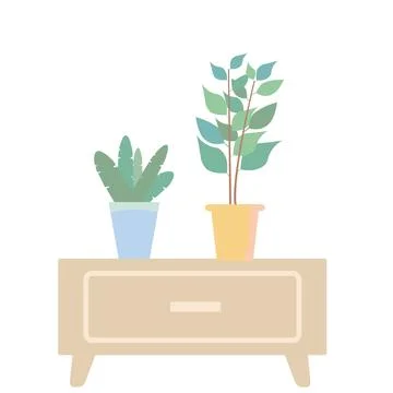 House plants on table in modern interior with furniture and natural light Stock Illustration