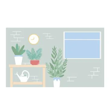 House plants on table in modern interior with furniture and natural light Stock Illustration